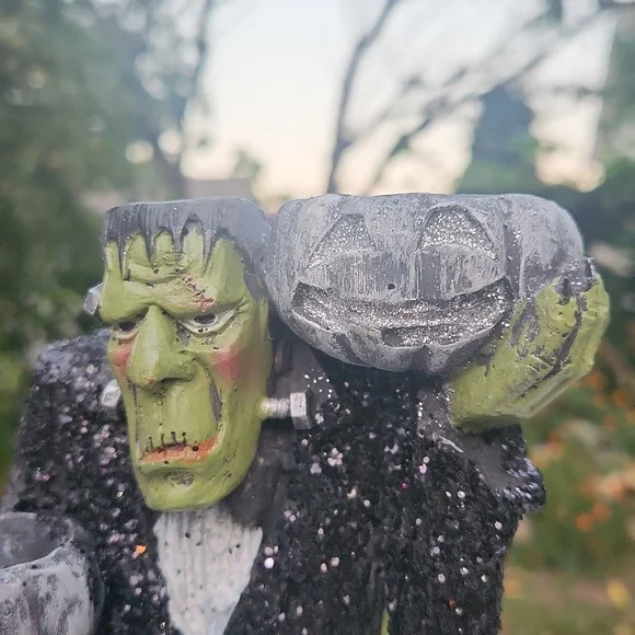 Frankenstein Halloween , Long Pumpkin Candle Holders W Glitter Detail "Beware" - Picture 7 of 8